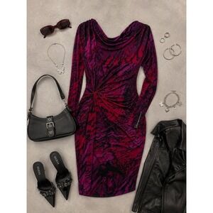 Cache Vintage Y2K Pink Purple Abstract Print Cowl Neck Knot Front Sheath Dress L
